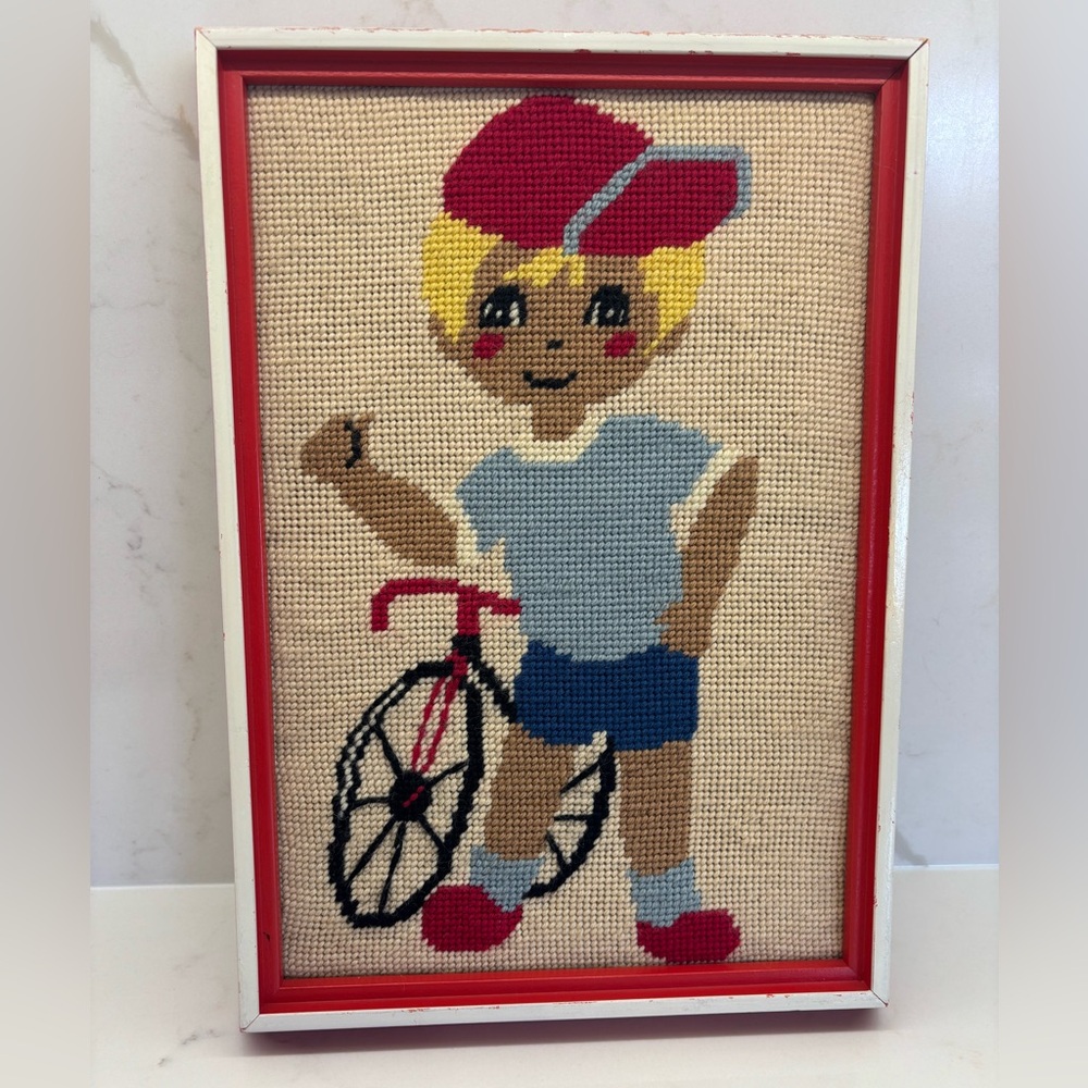 Vintage MCM Framed Needlepoint Art Kitschy Boy in Shorts and Bicycle Red Frame